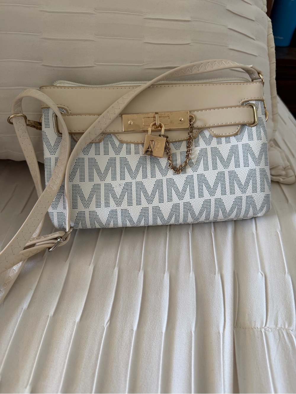 M Signature Cream Crossbody Bag with Gold Hardware